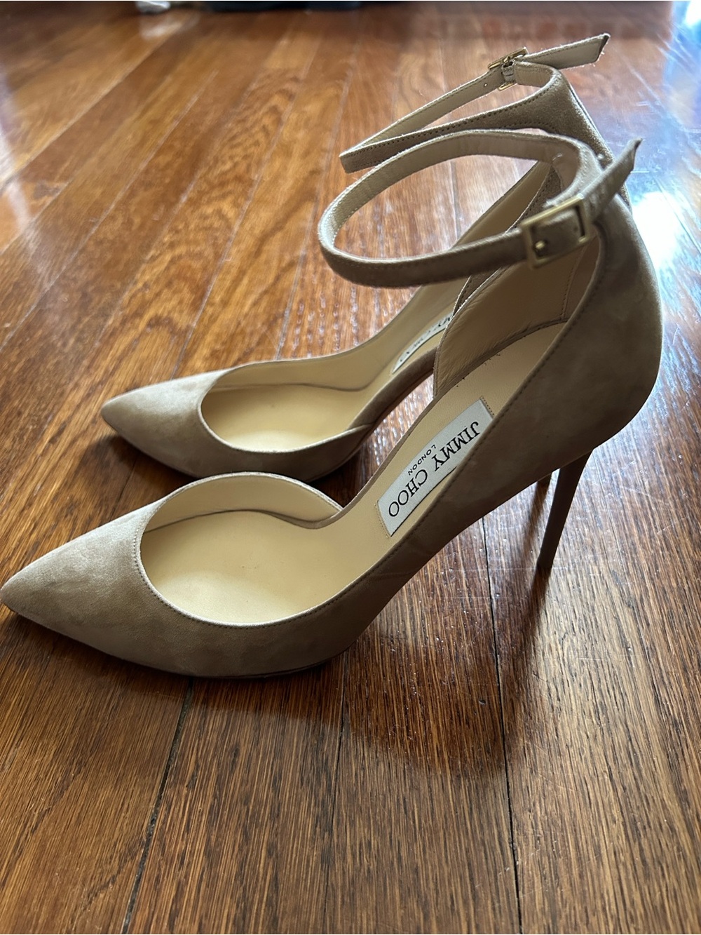 Jimmy Choo Lucy 100 Beige Suede Pointed-Toe Ankle-Strap Pumps - Picture 5 of 5